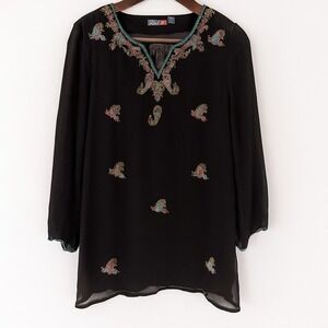 Phool Blouse Womens Medium Black Sheer Colorful‎ Embroidery Boho Fairy Ethereal